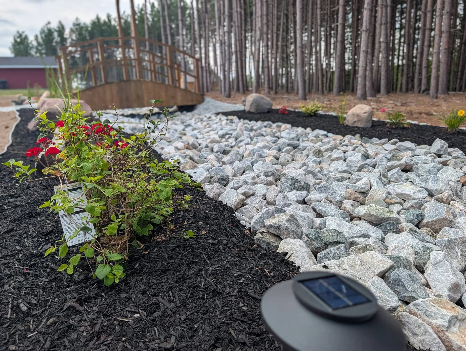 Finished white stone garden river with black mulch, flowers, boulders and a custom wooden bridge